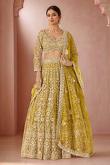 Mustard Yellow Heavy Embroidery, Dori & Sequins Work Premium Butterfly Net Designer Bridal Lehenga Choli Set