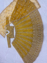 Mustard Yellow Heavy Embroidery, Dori & Sequins Work Premium Butterfly Net Designer Bridal Lehenga Choli Set