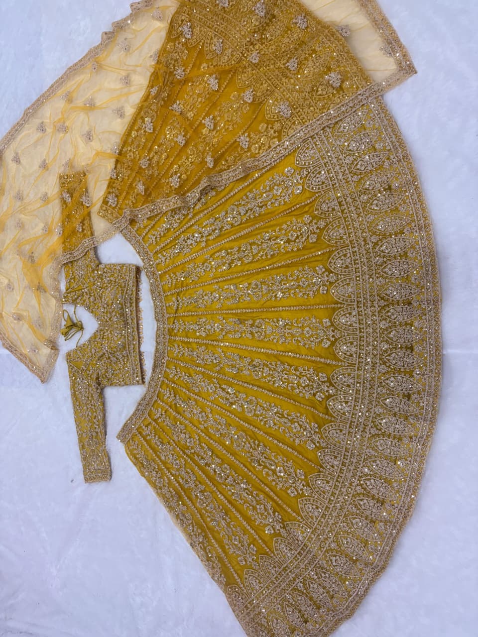 Mustard Yellow Heavy Embroidery, Dori & Sequins Work Premium Butterfly Net Designer Bridal Lehenga Choli Set