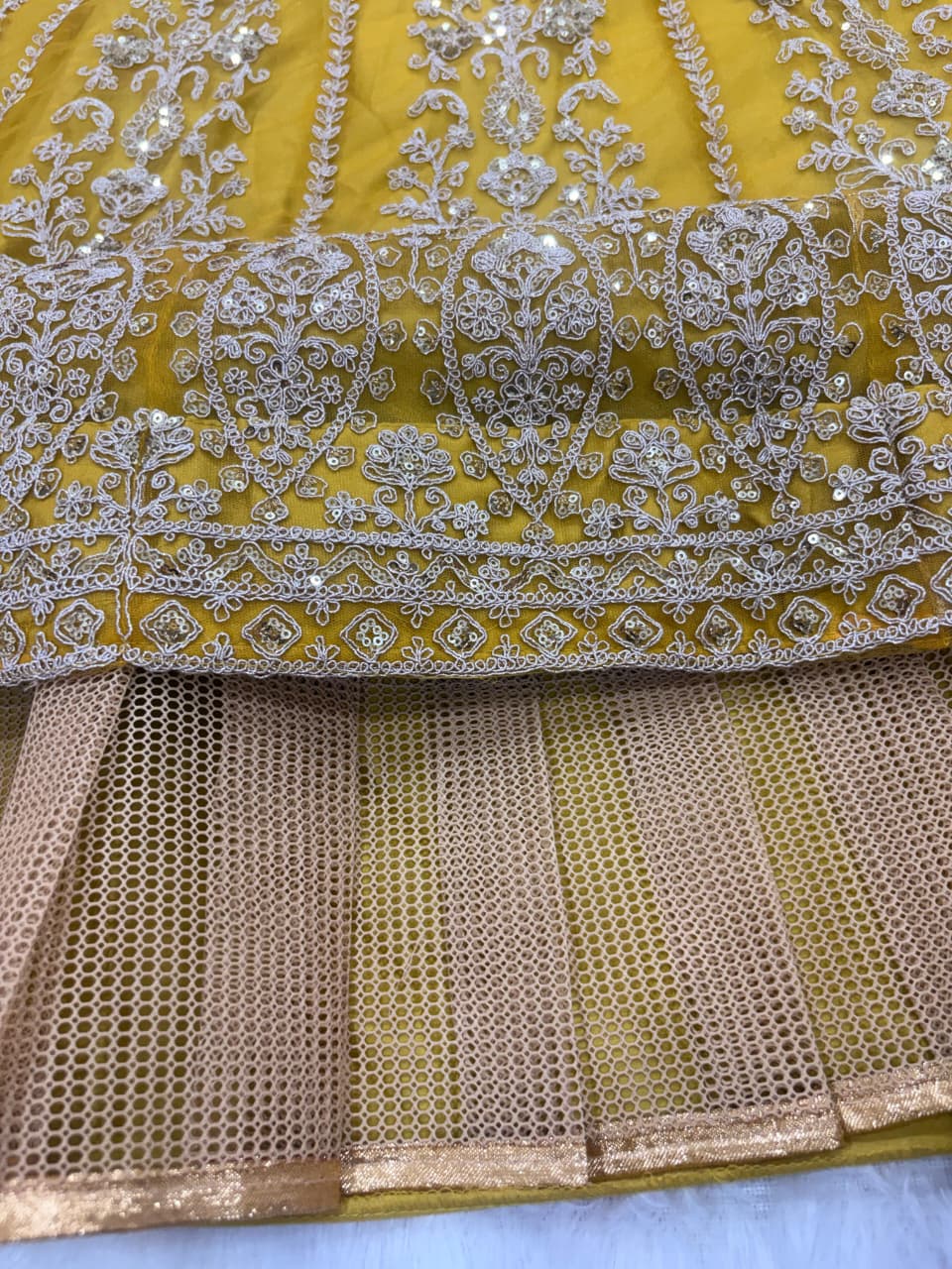 Mustard Yellow Heavy Embroidery, Dori & Sequins Work Premium Butterfly Net Designer Bridal Lehenga Choli Set