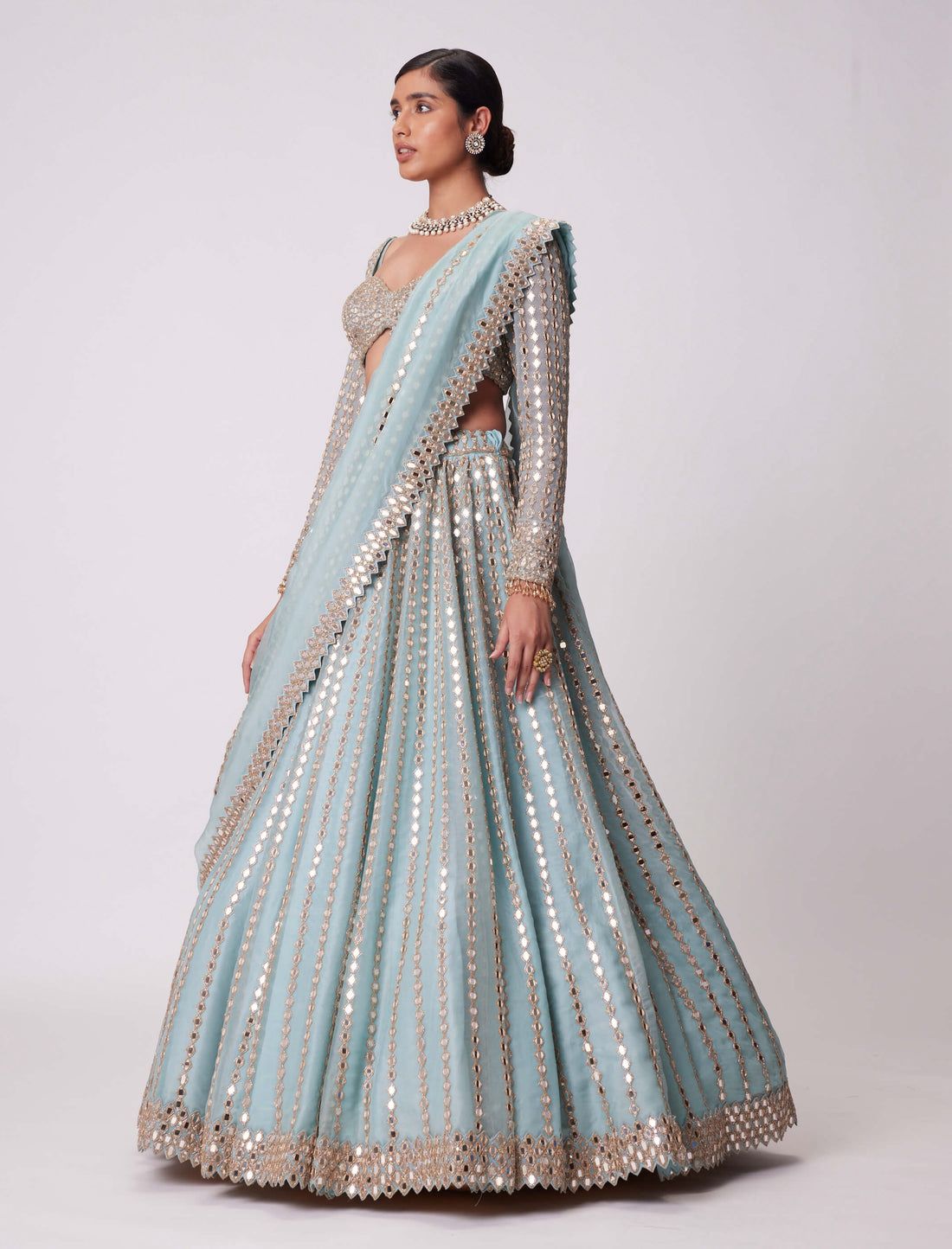Sky Blue Heavy Foil Mirror, Coding & Embroidery Work Premium Rangoli Silk Designer Bridal Lehenga Choli Set