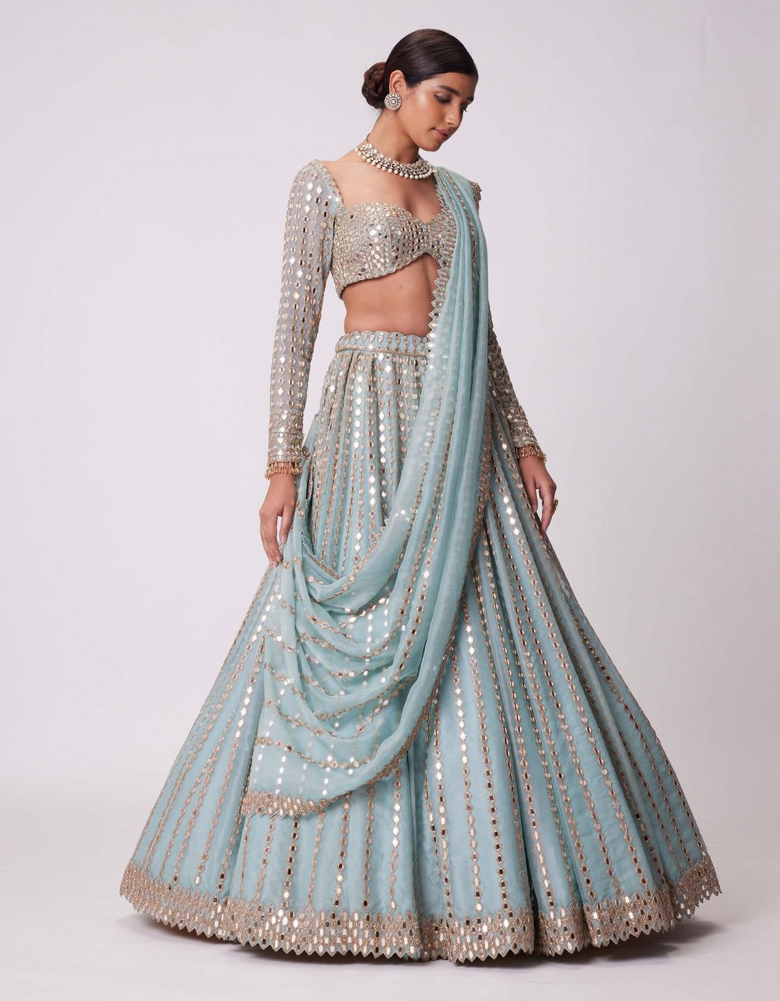 Sky Blue Heavy Foil Mirror, Coding & Embroidery Work Premium Rangoli Silk Designer Bridal Lehenga Choli Set