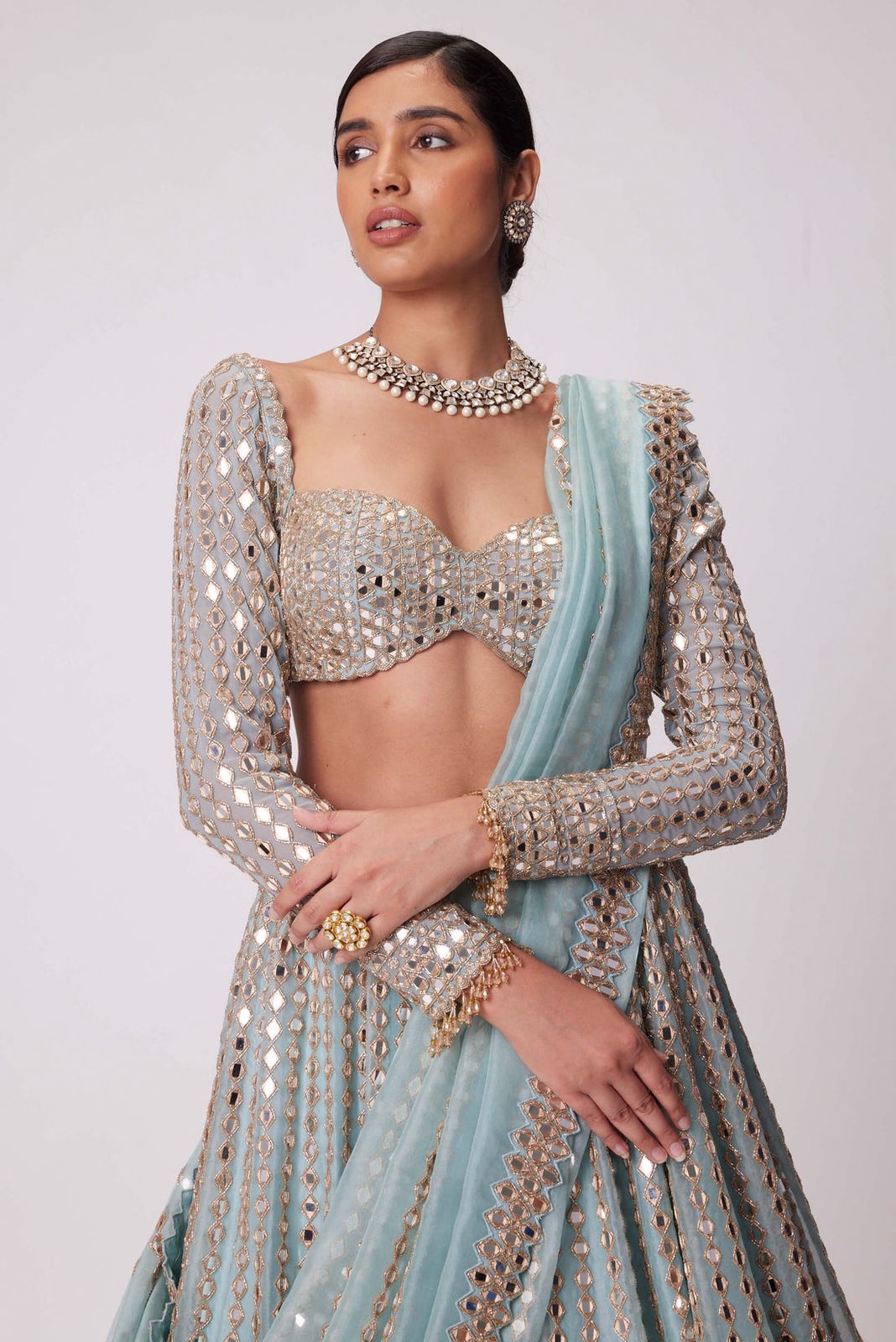 Sky Blue Heavy Foil Mirror, Coding & Embroidery Work Premium Rangoli Silk Designer Bridal Lehenga Choli Set
