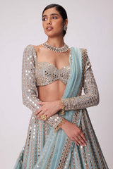 Sky Blue Heavy Foil Mirror, Coding & Embroidery Work Premium Rangoli Silk Designer Bridal Lehenga Choli Set