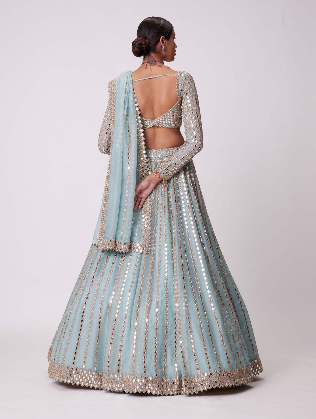 Sky Blue Heavy Foil Mirror, Coding & Embroidery Work Premium Rangoli Silk Designer Bridal Lehenga Choli Set