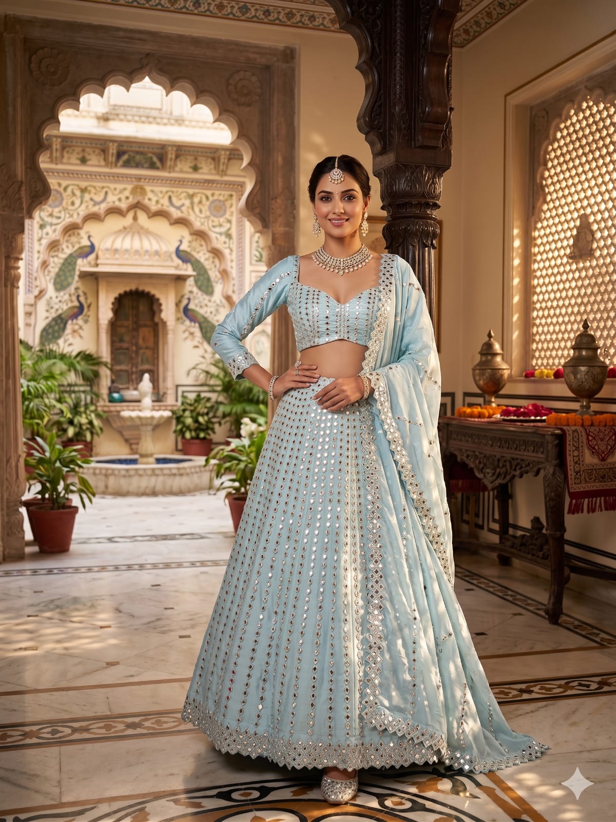 Sky Blue Heavy Foil Mirror, Coding & Embroidery Work Premium Rangoli Silk Designer Bridal Lehenga Choli Set