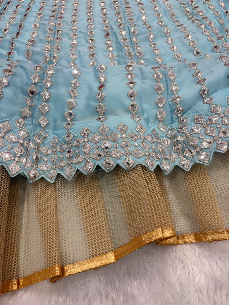Sky Blue Heavy Foil Mirror, Coding & Embroidery Work Premium Rangoli Silk Designer Bridal Lehenga Choli Set