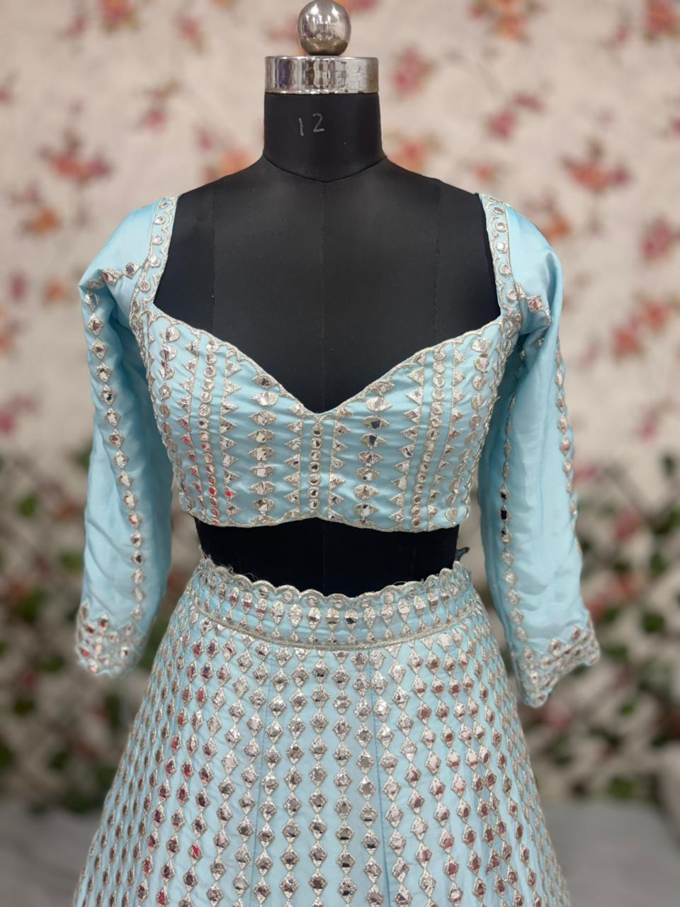 Sky Blue Heavy Foil Mirror, Coding & Embroidery Work Premium Rangoli Silk Designer Bridal Lehenga Choli Set