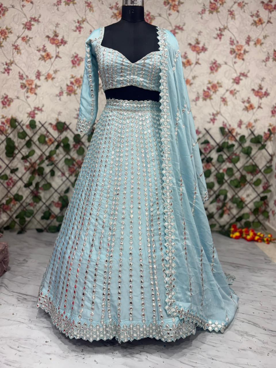 Sky Blue Heavy Foil Mirror, Coding & Embroidery Work Premium Rangoli Silk Designer Bridal Lehenga Choli Set