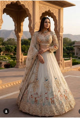 Off-White / Cream Heavy Embroidery, Cutwork Dori & Sequins Work Premium Rangoli Silk Designer Bridal Lehenga Choli Set
