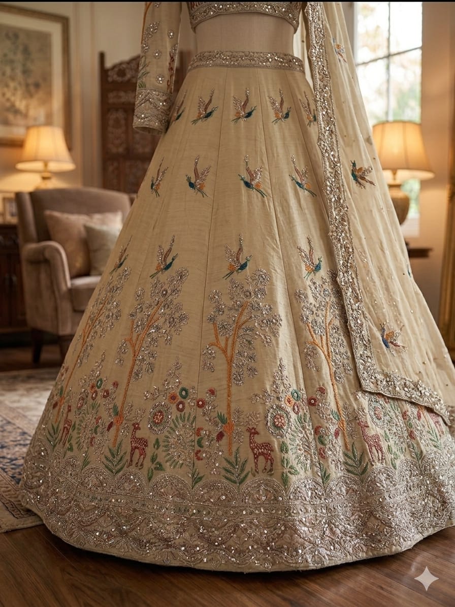 Off-White / Cream Heavy Embroidery, Cutwork Dori & Sequins Work Premium Rangoli Silk Designer Bridal Lehenga Choli Set