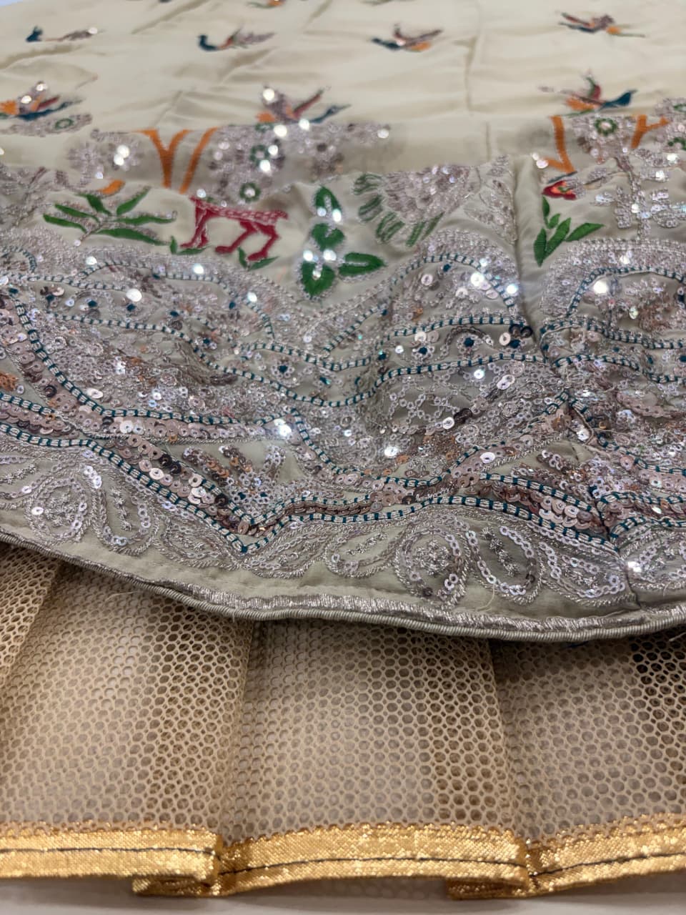Off-White / Cream Heavy Embroidery, Cutwork Dori & Sequins Work Premium Rangoli Silk Designer Bridal Lehenga Choli Set
