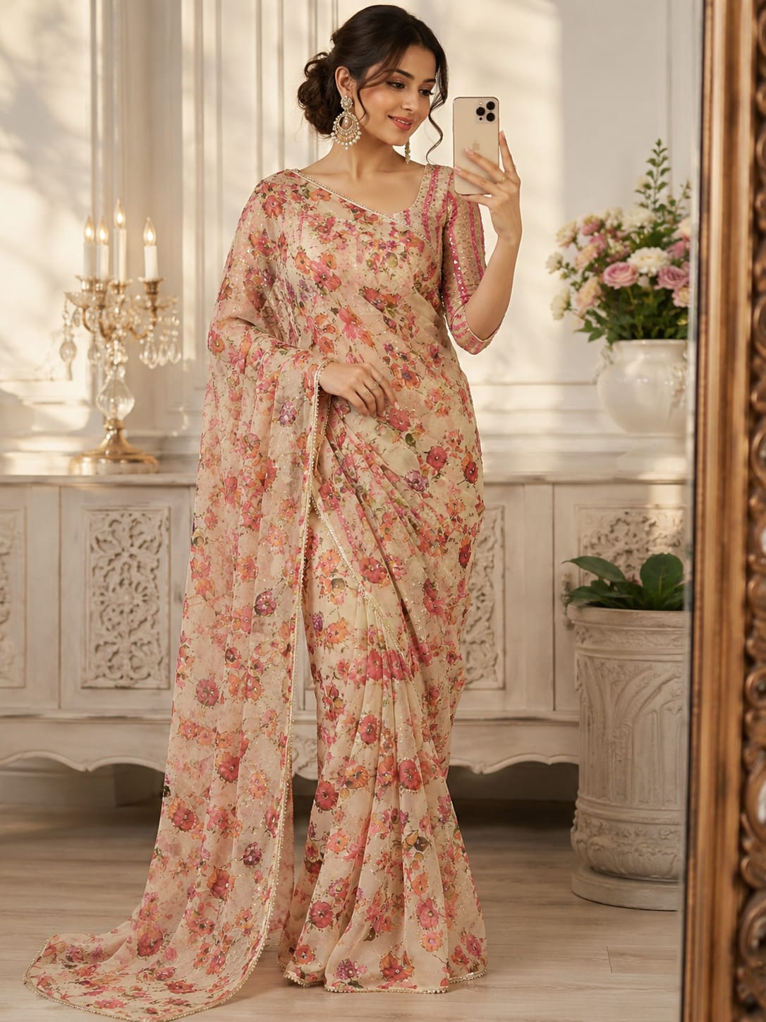 Beige Floral Printed Premium Tabby Silk Designer Saree with Sequins, Real Mirror Work & Pearl Lace Border Set