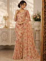 Beige Floral Printed Premium Tabby Silk Designer Saree with Sequins, Real Mirror Work & Pearl Lace Border Set