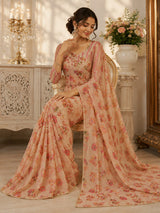 Beige Floral Printed Premium Tabby Silk Designer Saree with Sequins, Real Mirror Work & Pearl Lace Border Set