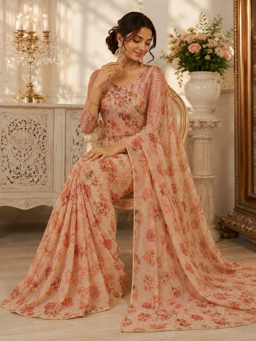 Beige Floral Printed Premium Tabby Silk Designer Saree with Sequins, Real Mirror Work & Pearl Lace Border Set