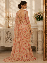 Beige Floral Printed Premium Tabby Silk Designer Saree with Sequins, Real Mirror Work & Pearl Lace Border Set