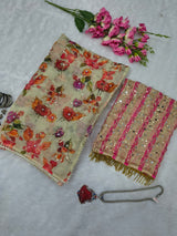 Beige Floral Printed Premium Tabby Silk Designer Saree with Sequins, Real Mirror Work & Pearl Lace Border Set