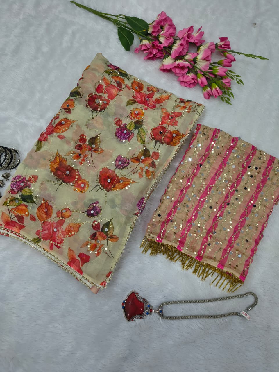 Beige Floral Printed Premium Tabby Silk Designer Saree with Sequins, Real Mirror Work & Pearl Lace Border Set