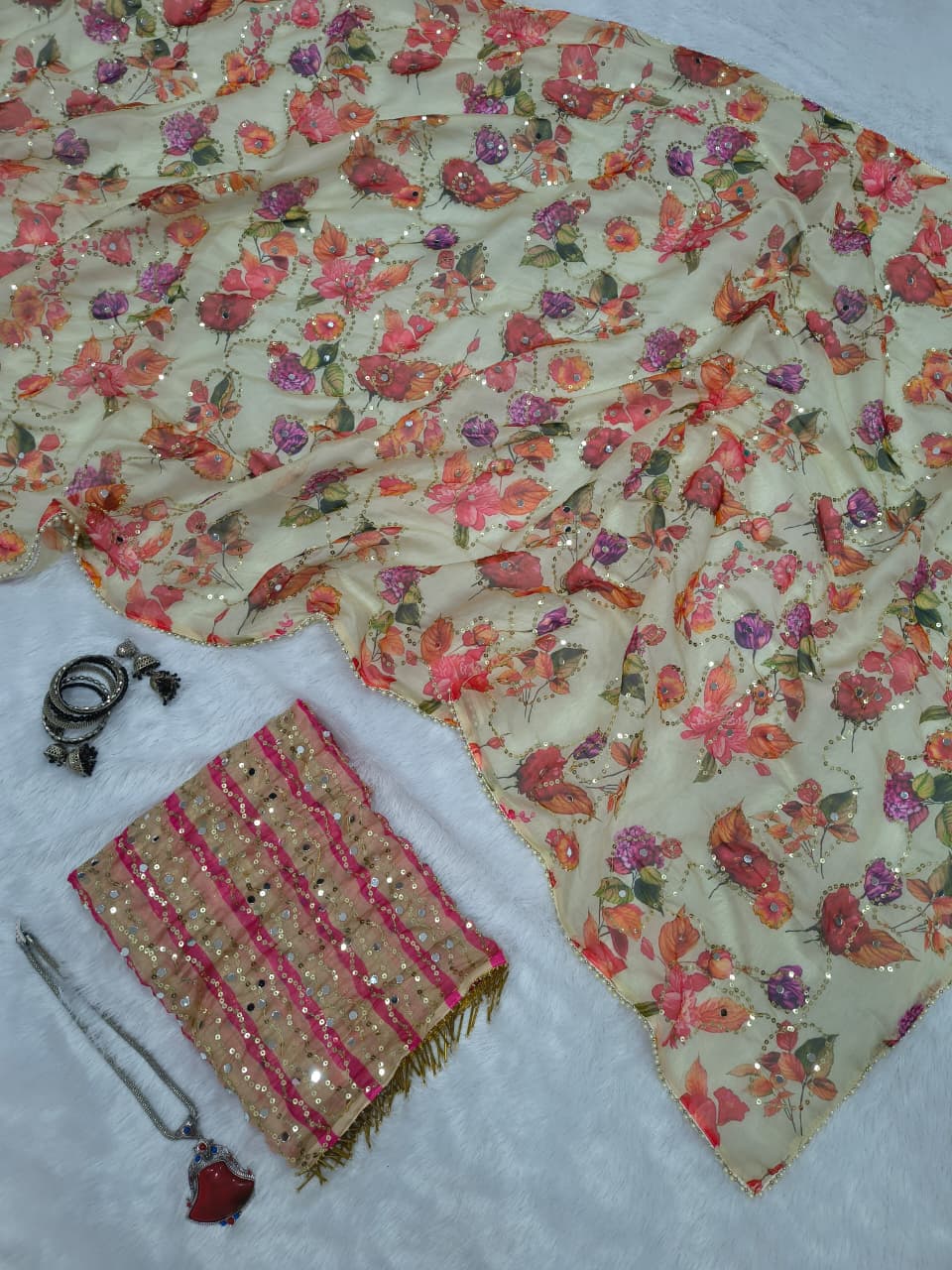 Beige Floral Printed Premium Tabby Silk Designer Saree with Sequins, Real Mirror Work & Pearl Lace Border Set