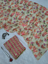 Beige Floral Printed Premium Tabby Silk Designer Saree with Sequins, Real Mirror Work & Pearl Lace Border Set