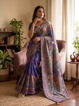 Royal Blue & Multi-Color Peacock Print Premium Chinon Silk Designer Saree with Gold Zari, Real Mirror & Chakri Diamond Work Set