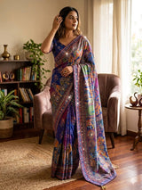Royal Blue & Multi-Color Peacock Print Premium Chinon Silk Designer Saree with Gold Zari, Real Mirror & Chakri Diamond Work Set