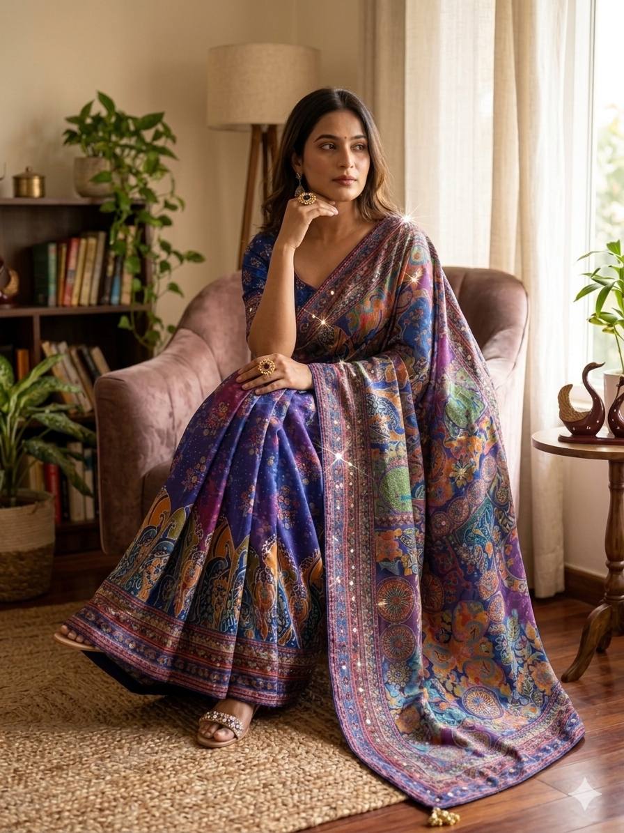 Royal Blue & Multi-Color Peacock Print Premium Chinon Silk Designer Saree with Gold Zari, Real Mirror & Chakri Diamond Work Set