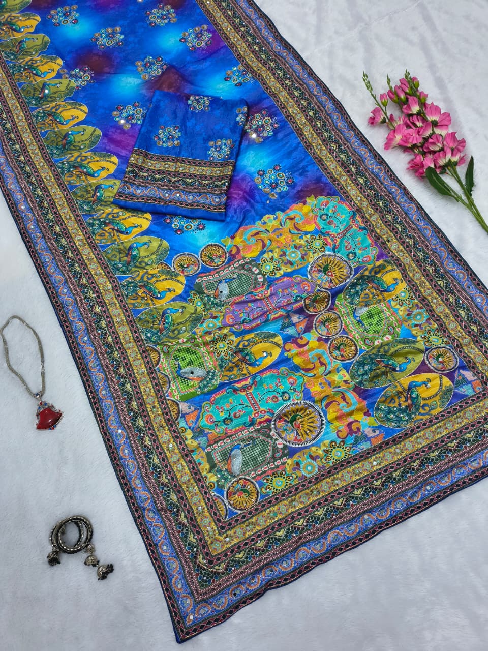 Royal Blue & Multi-Color Peacock Print Premium Chinon Silk Designer Saree with Gold Zari, Real Mirror & Chakri Diamond Work Set