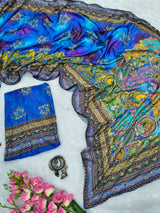Royal Blue & Multi-Color Peacock Print Premium Chinon Silk Designer Saree with Gold Zari, Real Mirror & Chakri Diamond Work Set
