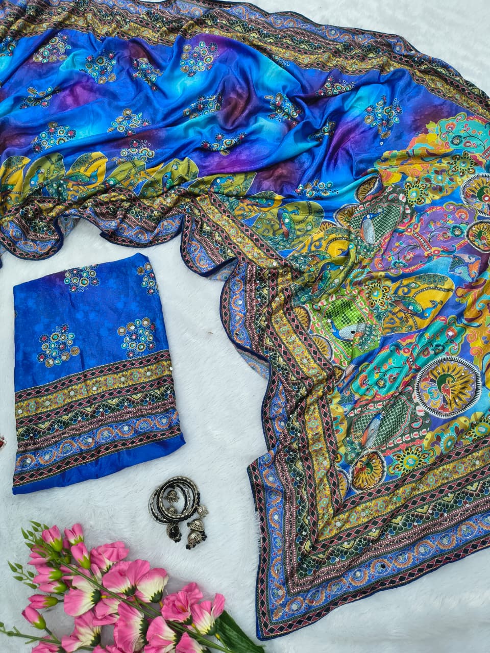 Royal Blue & Multi-Color Peacock Print Premium Chinon Silk Designer Saree with Gold Zari, Real Mirror & Chakri Diamond Work Set