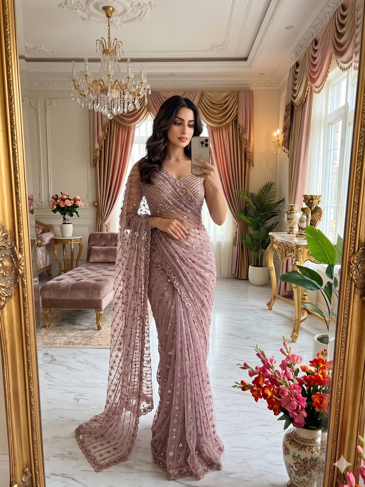 Mauve Pink Premium Butterfly Net Heavy Sequins Embroidered Designer Saree with Unstitched Blouse Set