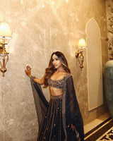 Black Heavy Embroidery, Dori & Sequins Work Premium Crape Silk Designer Bridal Lehenga Choli Set