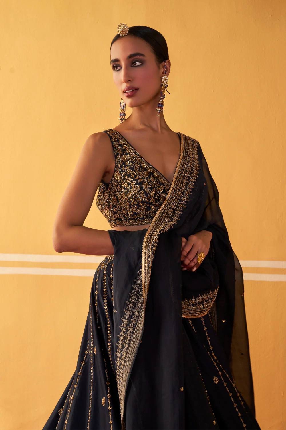 Black Heavy Embroidery, Dori & Sequins Work Premium Crape Silk Designer Bridal Lehenga Choli Set