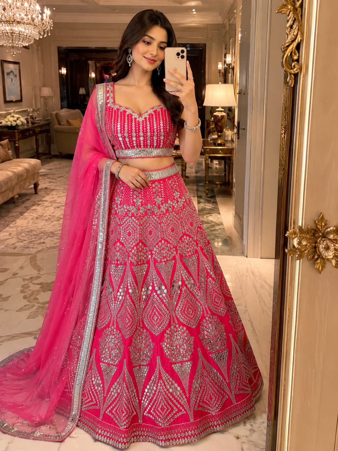 Magenta Pink Heavy Coding, Foil & Real Mirror Work Premium Malai Satin Silk Designer Bridal Lehenga Choli Set