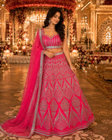 Magenta Pink Heavy Coding, Foil & Real Mirror Work Premium Malai Satin Silk Designer Bridal Lehenga Choli Set