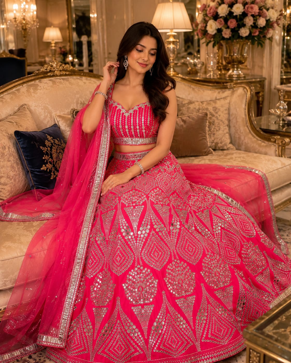 Magenta Pink Heavy Coding, Foil & Real Mirror Work Premium Malai Satin Silk Designer Bridal Lehenga Choli Set