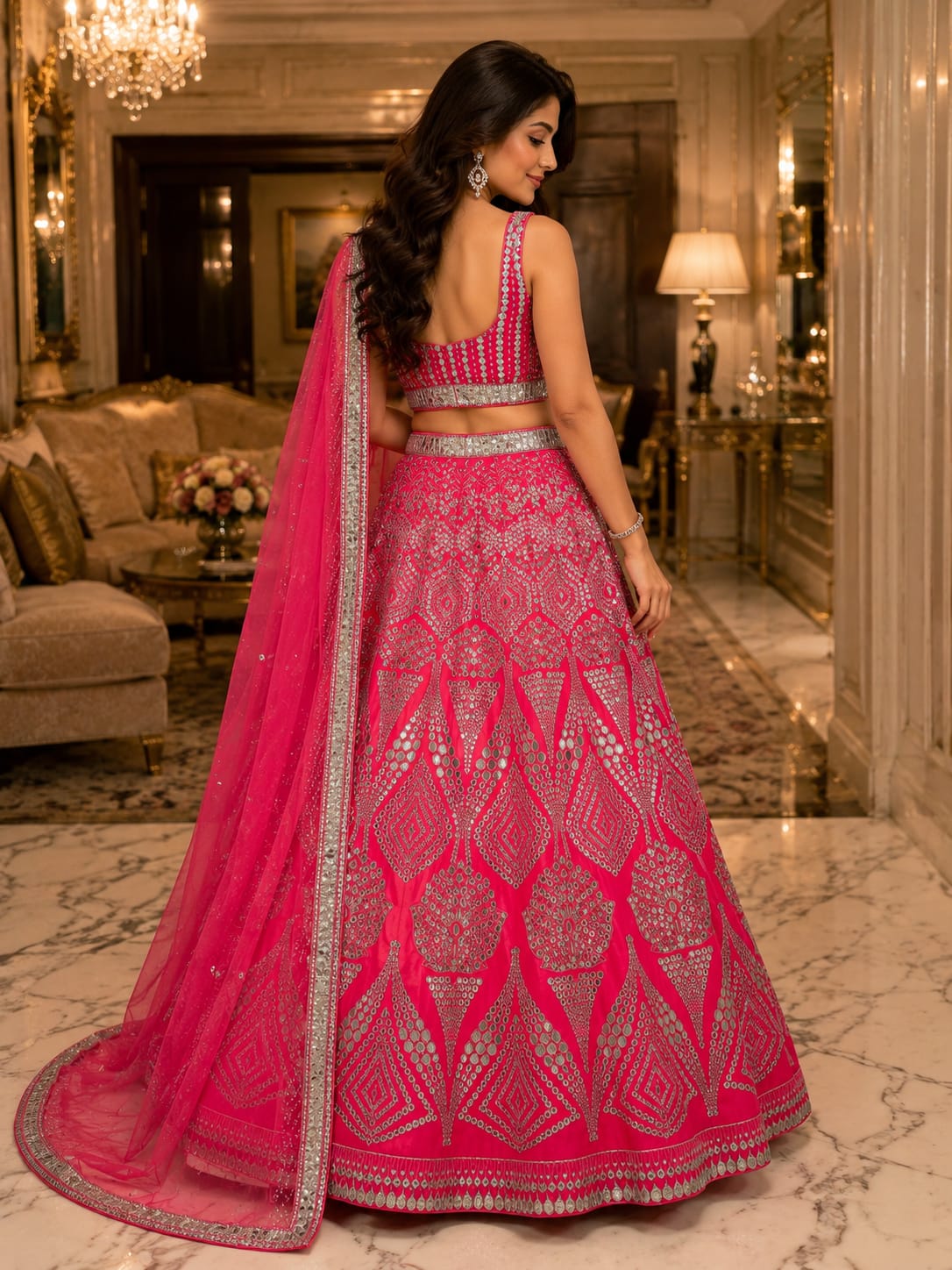 Magenta Pink Heavy Coding, Foil & Real Mirror Work Premium Malai Satin Silk Designer Bridal Lehenga Choli Set