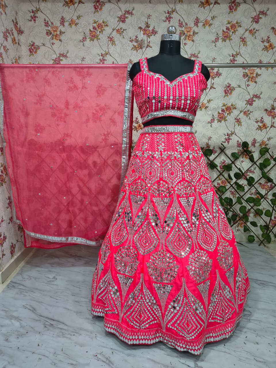 Magenta Pink Heavy Coding, Foil & Real Mirror Work Premium Malai Satin Silk Designer Bridal Lehenga Choli Set