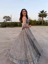 Silver Grey Heavy Jari & Rainbow Dual Sequins Embroidered Butterfly Net Designer Bridal Lehenga Choli Set