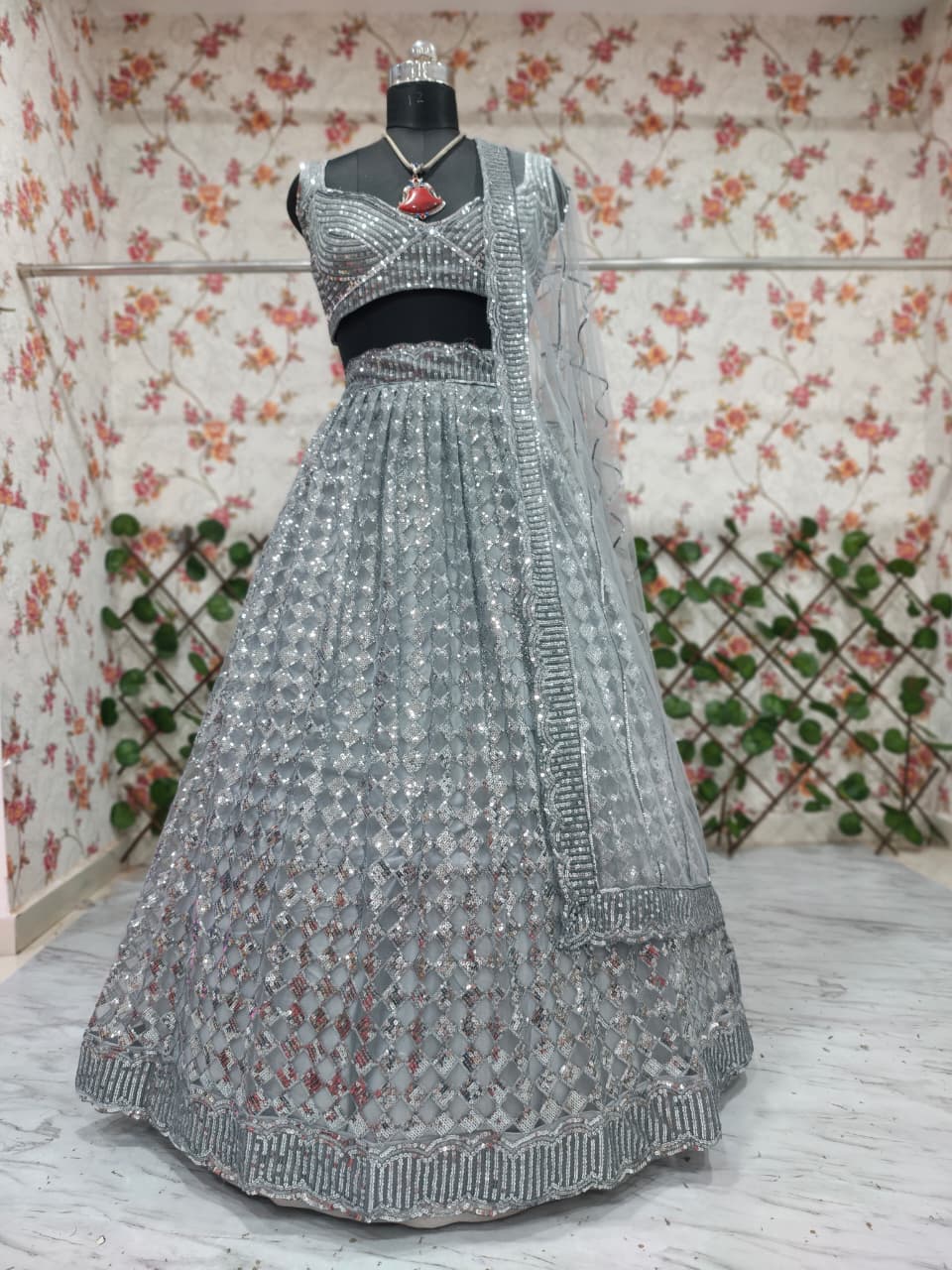 Silver Grey Heavy Jari & Rainbow Dual Sequins Embroidered Butterfly Net Designer Bridal Lehenga Choli Set