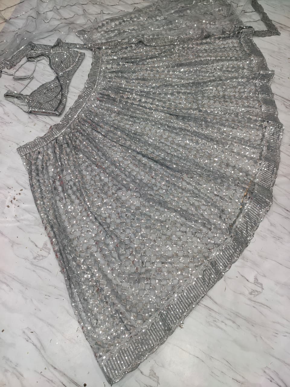 Silver Grey Heavy Jari & Rainbow Dual Sequins Embroidered Butterfly Net Designer Bridal Lehenga Choli Set