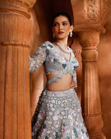 Silver Grey Heavy Multi-Thread, Dori & Sequins Embroidered Butterfly Net Designer Bridal Lehenga Choli Set