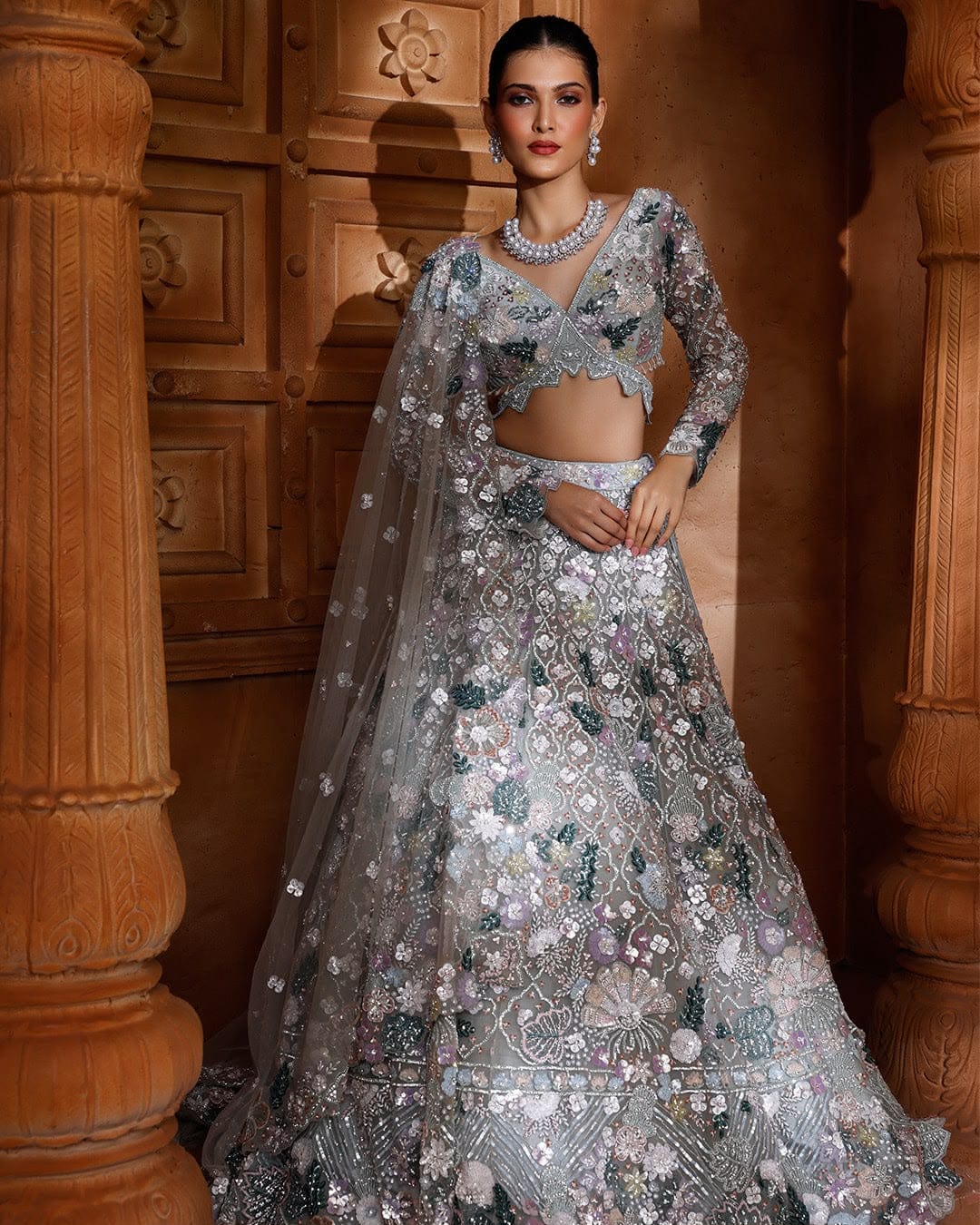 Silver Grey Heavy Multi-Thread, Dori & Sequins Embroidered Butterfly Net Designer Bridal Lehenga Choli Set