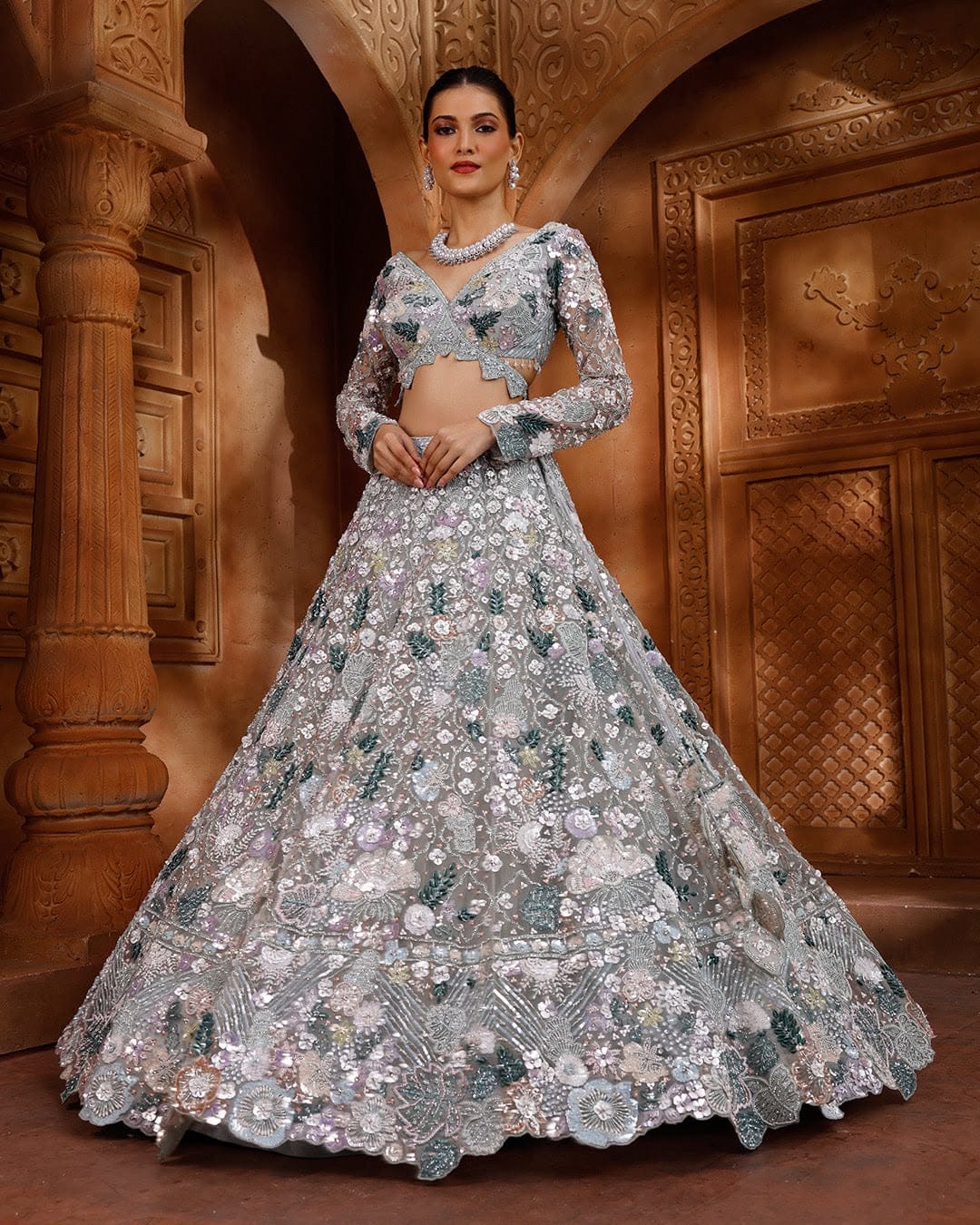 Silver Grey Heavy Multi-Thread, Dori & Sequins Embroidered Butterfly Net Designer Bridal Lehenga Choli Set