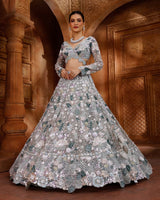 Silver Grey Heavy Multi-Thread, Dori & Sequins Embroidered Butterfly Net Designer Bridal Lehenga Choli Set