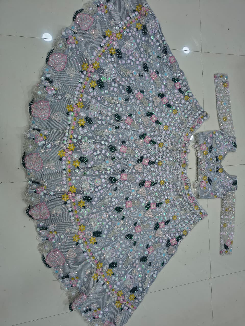 Silver Grey Heavy Multi-Thread, Dori & Sequins Embroidered Butterfly Net Designer Bridal Lehenga Choli Set