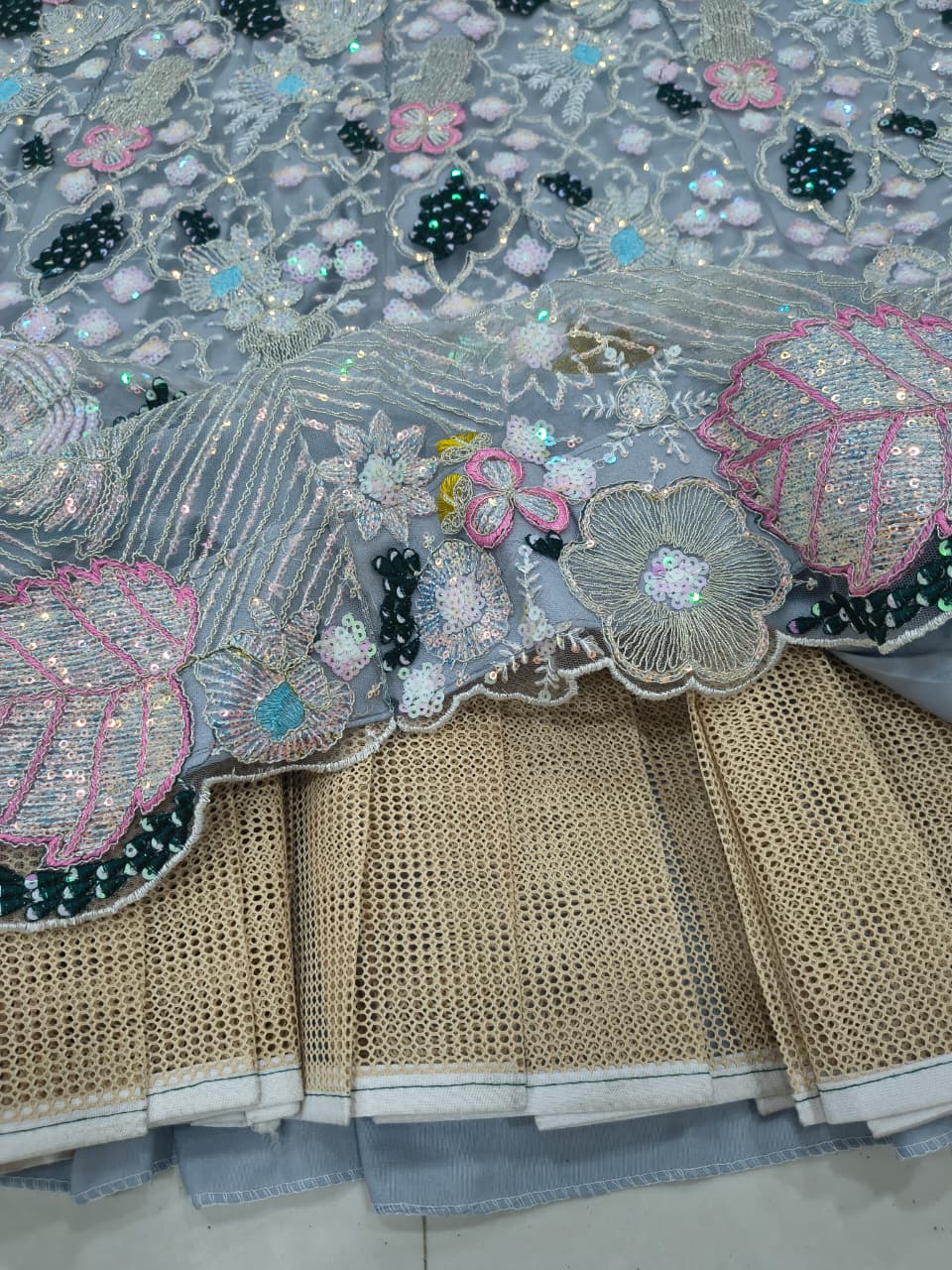 Silver Grey Heavy Multi-Thread, Dori & Sequins Embroidered Butterfly Net Designer Bridal Lehenga Choli Set