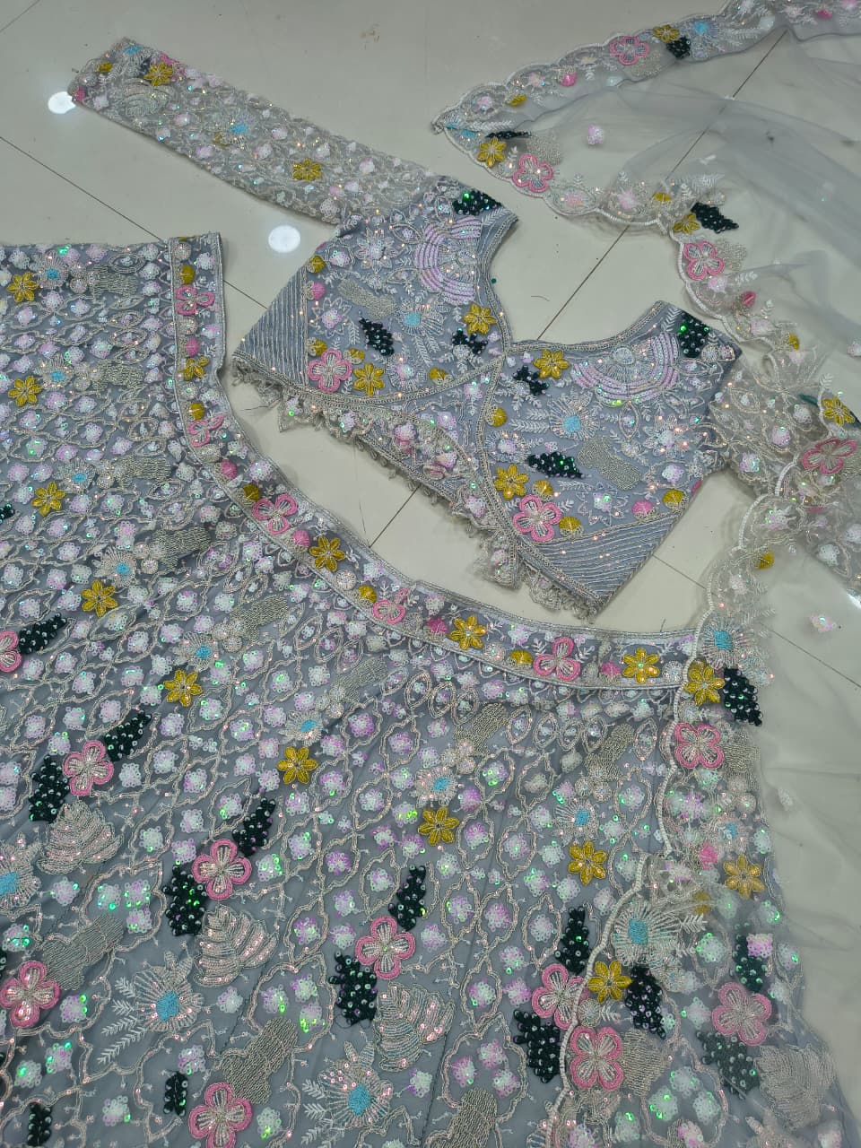 Silver Grey Heavy Multi-Thread, Dori & Sequins Embroidered Butterfly Net Designer Bridal Lehenga Choli Set