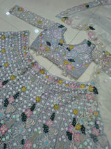 Silver Grey Heavy Multi-Thread, Dori & Sequins Embroidered Butterfly Net Designer Bridal Lehenga Choli Set